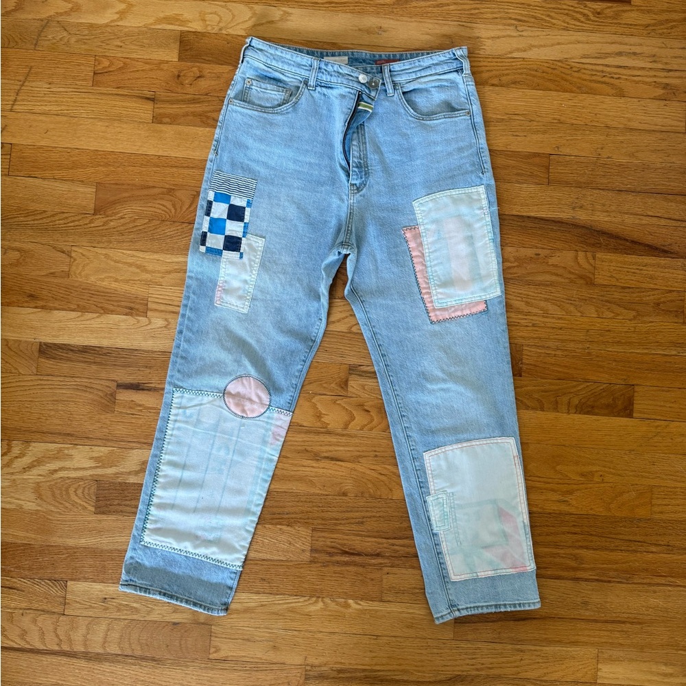 Pilcro Anthropologie patchwork light denim jeans